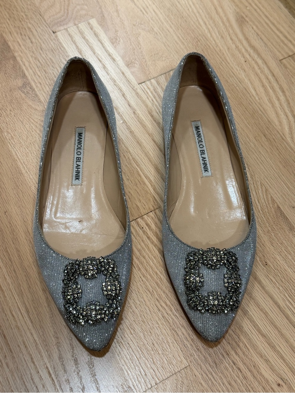 Manolo Blahnik Silver Glitter Pointed Flats with Crystal Buckle